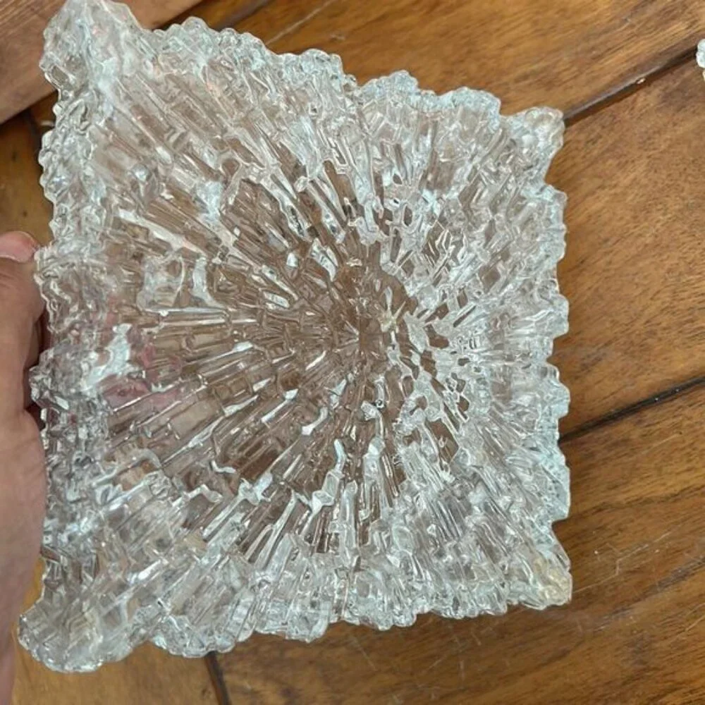 VTG Ice Glass Square Textured Crystal Dish | Mid Century Modern